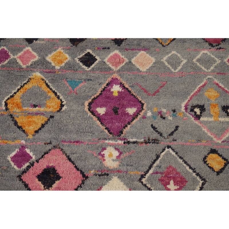 Grey Geometric Plush Moroccan Oriental Rug Hand-Knotted Wool Carpet - 6'1" x 9'5"