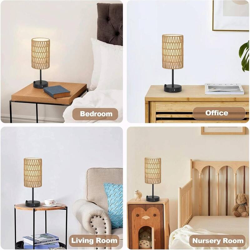 Rattan & Linen Shade, 3-Way Dimmable Bedside Lamp with USB Charging Port and Phone Stand
