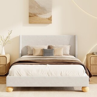Queen Size Wooden Bed Frame,Velvet Upholstered Platform Bed,Beige