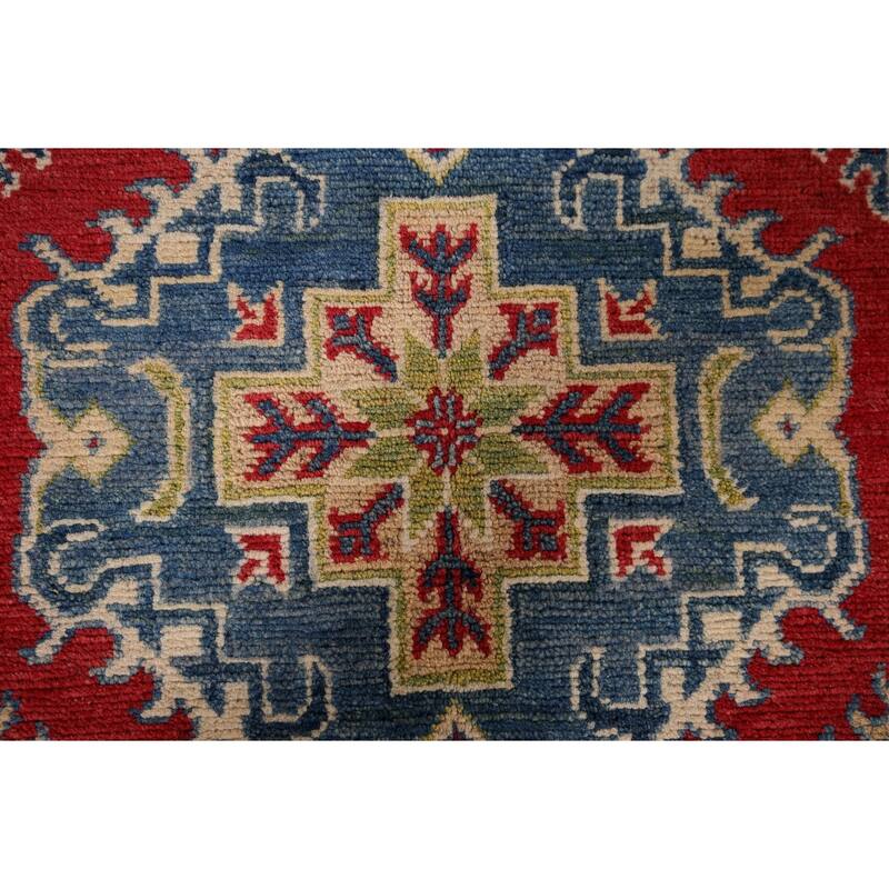 Geometric Kazak Accent Rug Hand-Knotted Red Wool Carpet - 3'3" x 4'9"