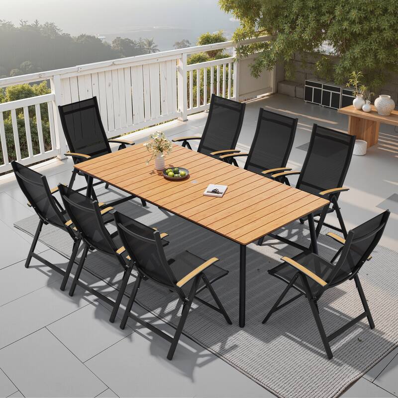 9-Piece Outdoor Patio Dining Set WPC Table Top Alumium Umbrella Hole Table with Folding Armrest Chairs