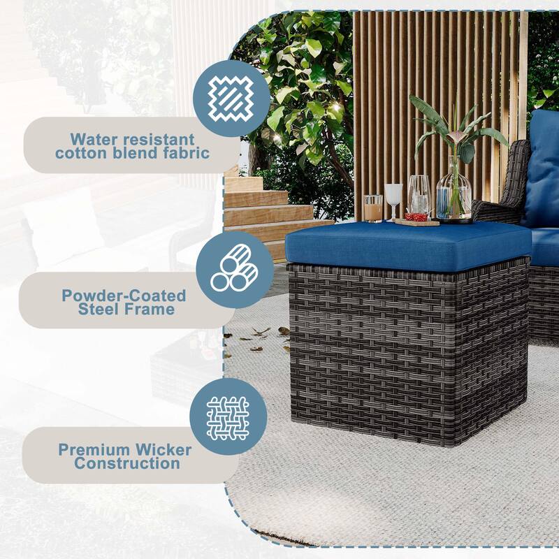 Outdoor Patio PE Wicker Ottoman with Cushion Set of 2
