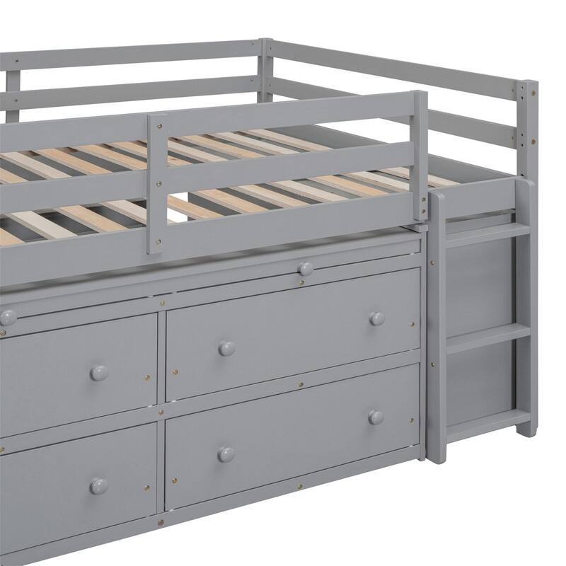Twin/Full Size Low Loft Bed with Retractable Writing Desk and 4 Drawers, Wooden Loft Bedframe w/ Lateral Portable Desk & Shelves