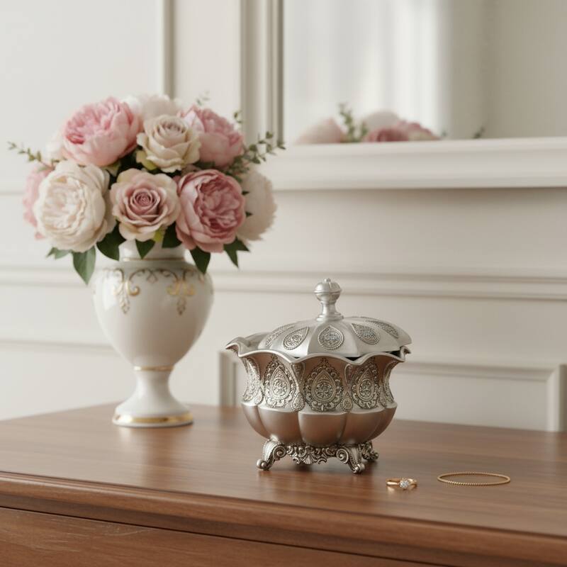 9" Gold And Silver Resin Abstract Scroll Jewelry Box With Lacquer and High-Gloss Finishes - Gold/Silver