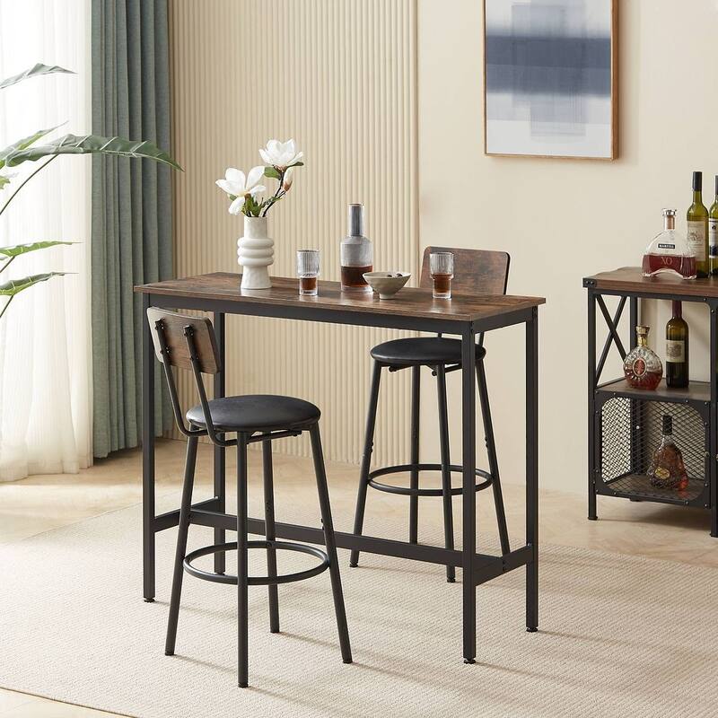 3 PCS Rustic Brown PU Soft Seat Bar Table Set For 2