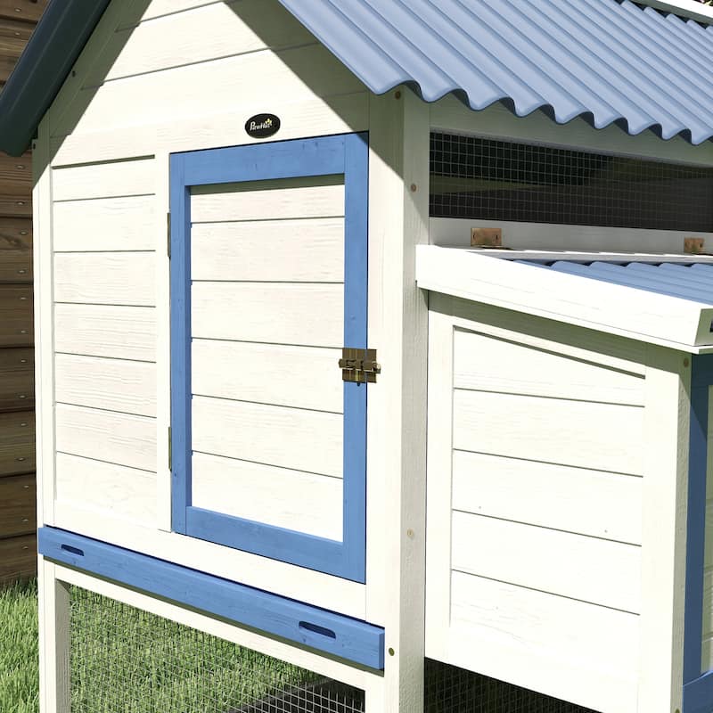 PawHut 55.5" Chicken Coop, Wooden Hen House with Run Box, Nesting Box, Removable Tray, Ramp, White