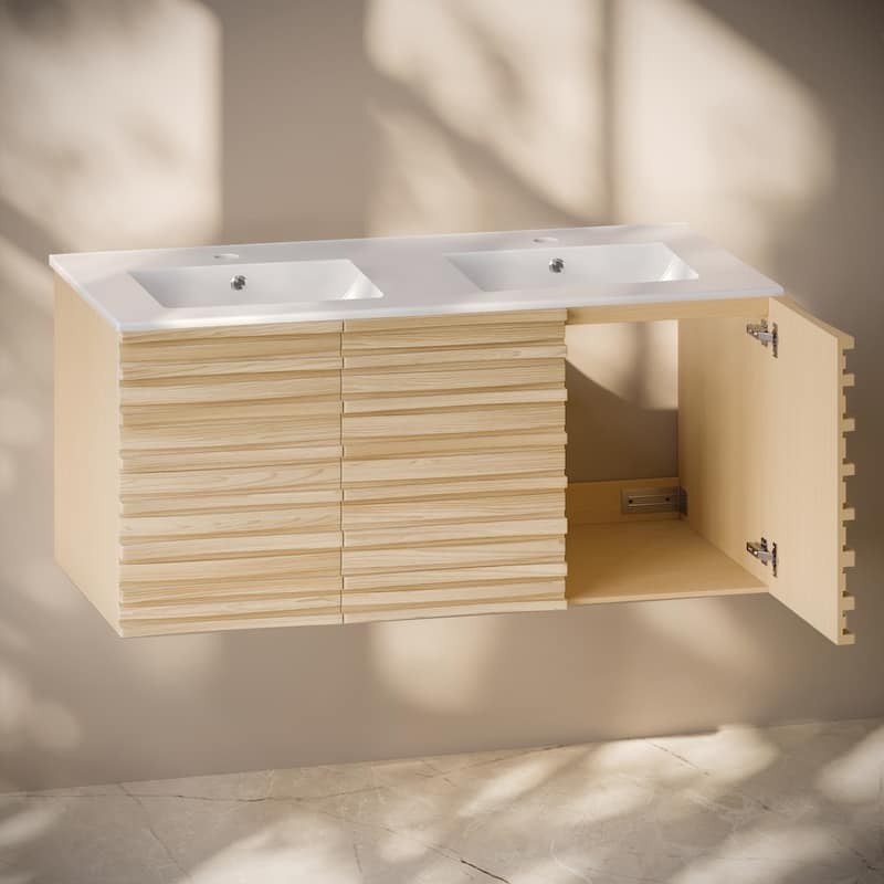 Cascade 48" Wall-Mounted Bathroom Vanity In Natural Oak With Double Basin Sink Top - 48