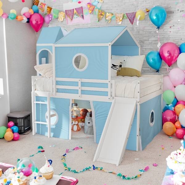 slide 2 of 15, Playhouse Full Size Loft Bed with Slide Pink Tent and Tower Blue