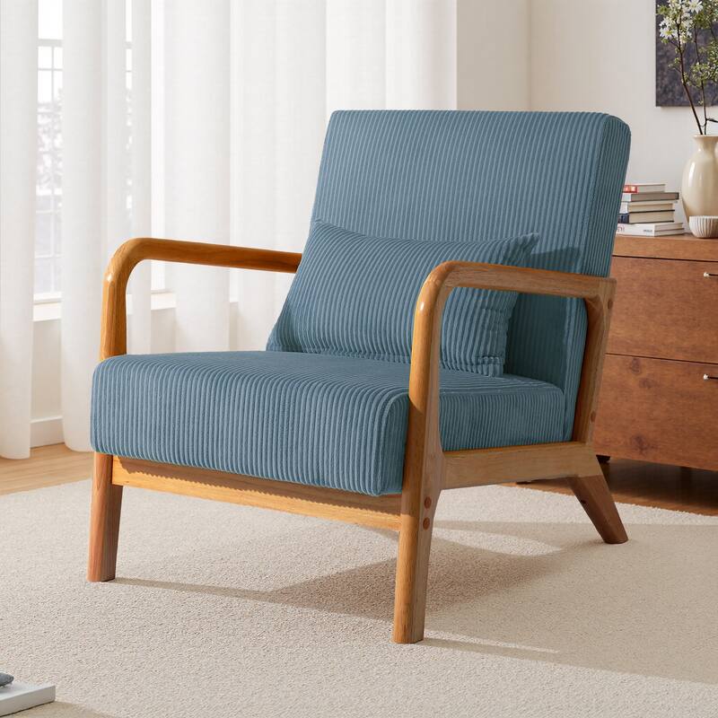 25" W Mid Century Upholstered Wood Accent Chair with Pillow - Dark Wood - Blue