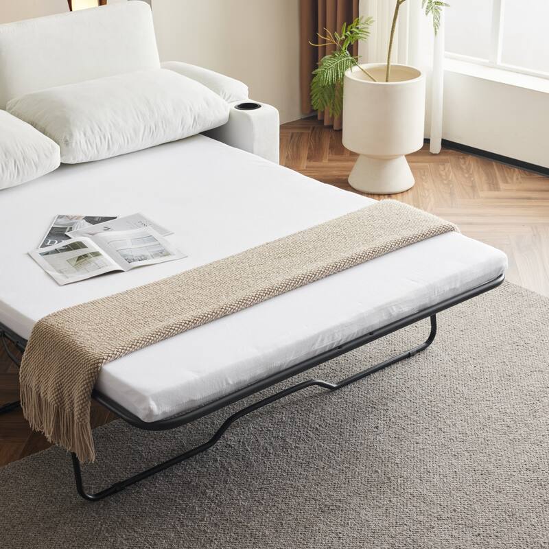 Chenille Pull-Out Queen Sofa Bed with USB Charging & Mobile Phone Holder