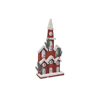 Led Snow Covered Red Wooden 2D Church (17")