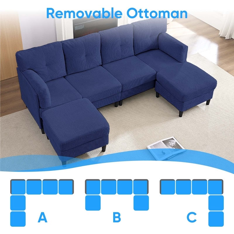 Mixoy Corduroy U-Shape Modular Convertible Sectional Sofa,Upholstered 4-Seater Sofa Couch with Movable Ottoman