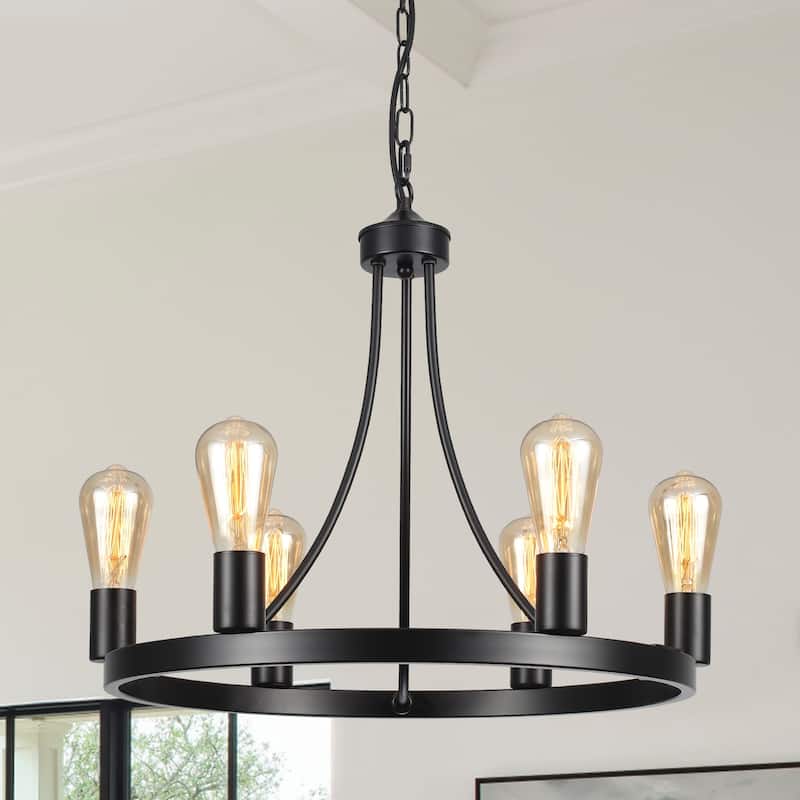 6-Light Farmhouse Metal Round Wagon Wheel Chandelier for Dining Room Living Room Bedroom Kitchen - 19.68'' D x 16.14'' H - Black