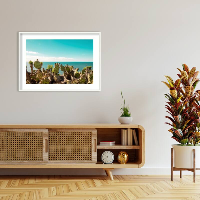 Cactuses Admiring the Ocean by Elena Chukhlebova Wood Framed Wall Art Print - Lucie White