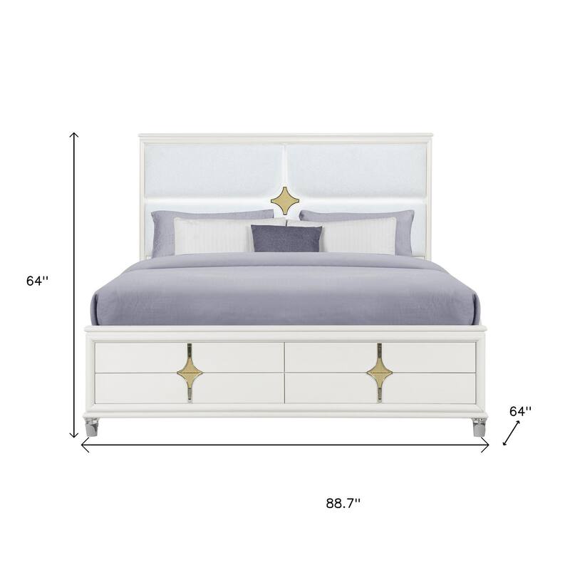 HomeRoots Gold and White Wood And Upholstery Lighted Queen Bed Frame