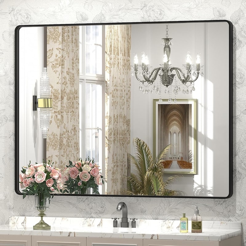 Aluminum Alloy Framed French Cleat Mounted Tempered Glass Wall Vanity Mirror - Black - 44" x 36"