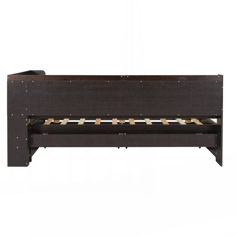 Twin Size L-shaped Bookcases Bed with Power Outlets, USB Charging Ports,Two Drawers