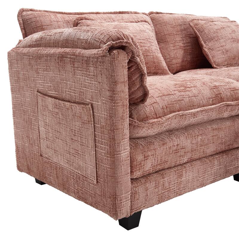 Chenille Sleeper Sofa Bed Deep Seat Loveseat Sectional Couch with Ottomans Chaise Lounge, Detachable Armrests and Side Pockets
