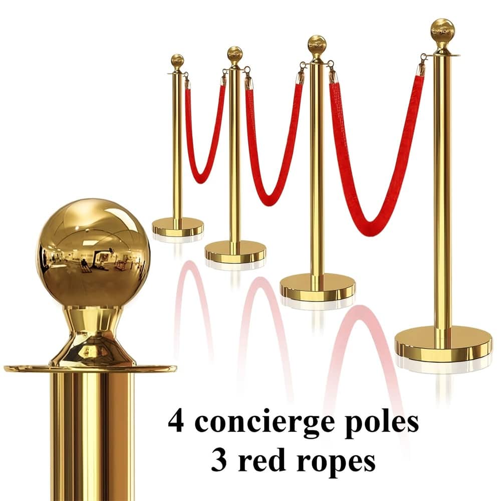 4 Stainless Steel Stanchion Posts w/3 Red Velvet Ropes,Gold Ball Top