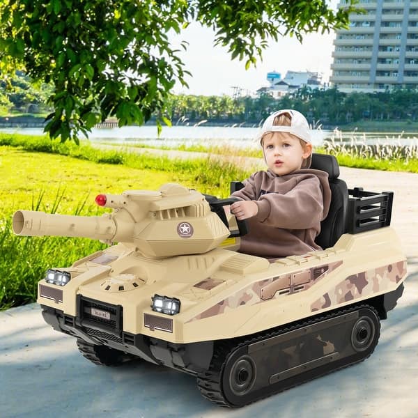 slide 2 of 10, 12V Electric Kids Ride On Tank with Rotatable Turret and 8 Missiles - 49" x 24" x 24" (L x W x H) Multi