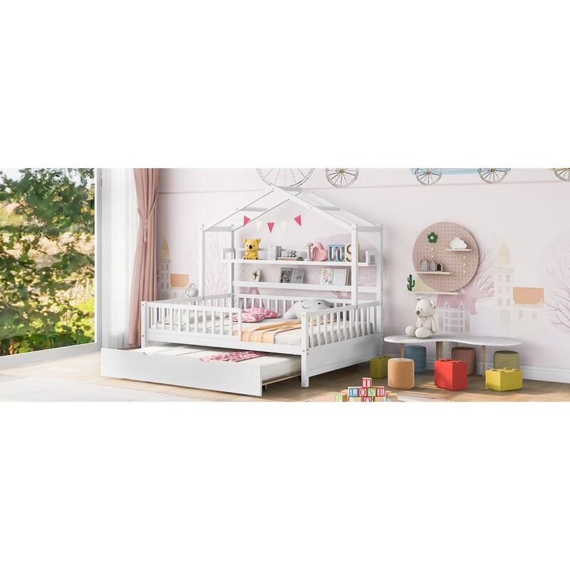 Roomfitters Wooden House Bed with Trundle and Shelf, House Frame Bed for Bedroom, White