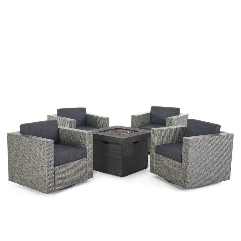Puerta Outdoor 4-piece Wicker Swivel Chair Set with Square Firepit by Christopher Knight Home