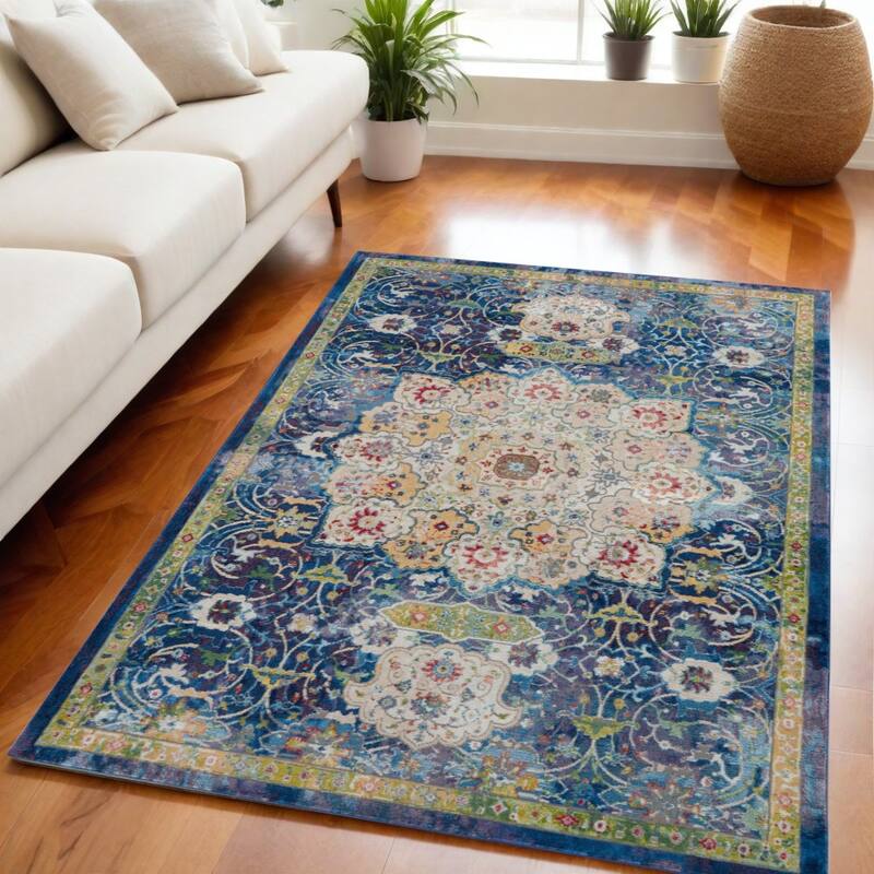 Janey Power Loomed Distressed Floral Traditional Non Skid Area Rug By HomeRoots - 90' X '63' X '0.5 - 90' X '63' X '0.5 - Oxford Blue - Rectangle