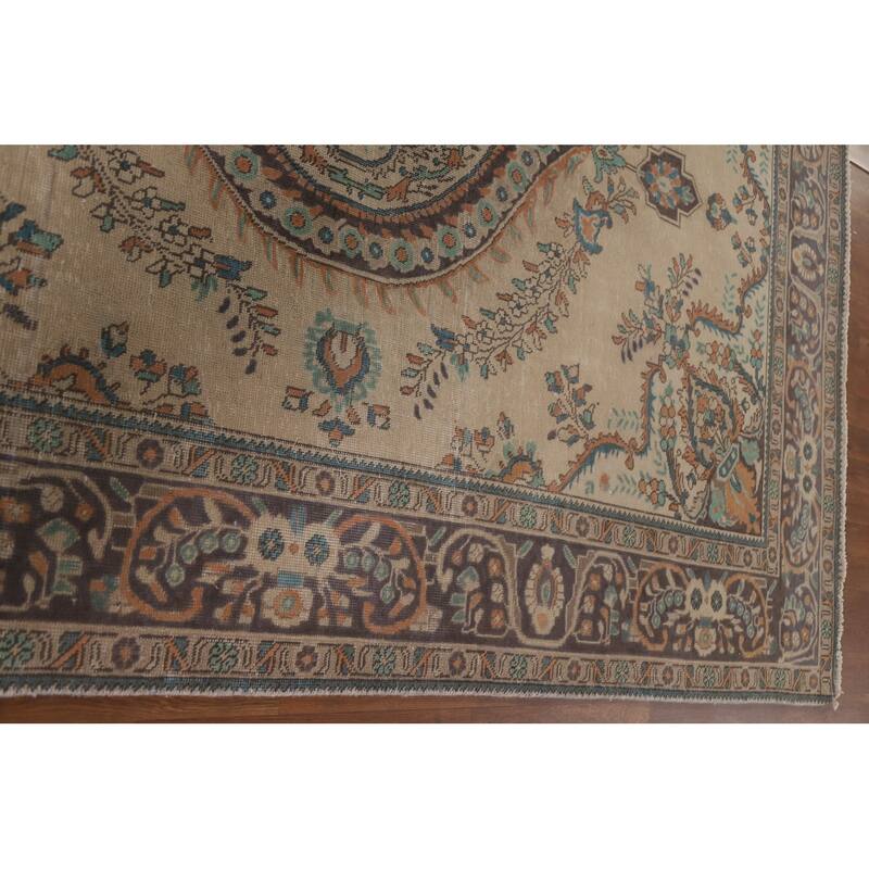 Hand Knotted Oriental 100% Wool Carpet Traditional Floral Beige & Ivories Tabriz Area Rug - 9' 6'' X 6' 7''