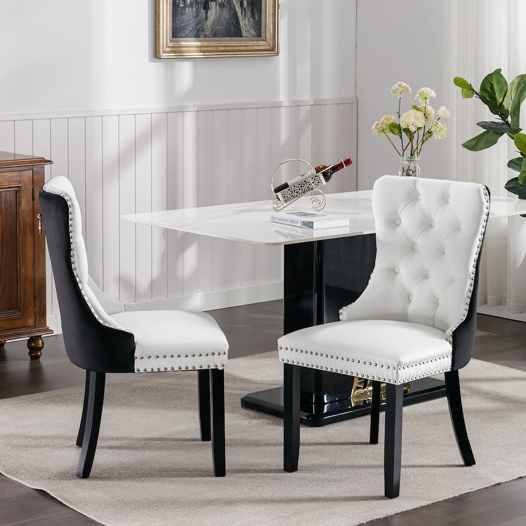 2PCS PU and Velvet Dining Chair with Wood Legs