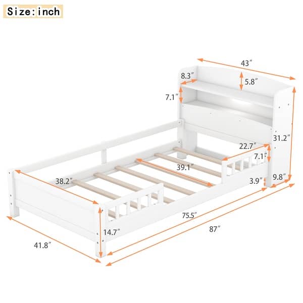 Twin Size Wood Platform Bed with LED Light and Storage Headboard, White