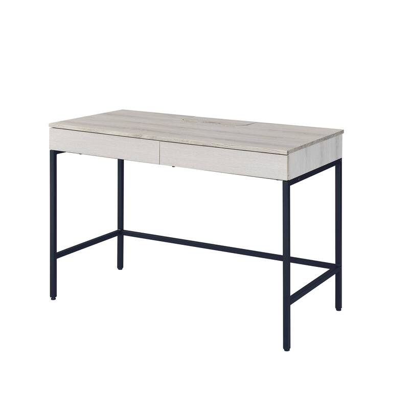42" Modern Wooden Reversible Natural Writing Desk with Storage Drawers and Black Metal Frame for Workspaces