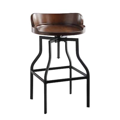 Contemporary Adjustable Height Swivel Bar Stool with Chestnut Wood Seat and Black Steel Legs with Footrest