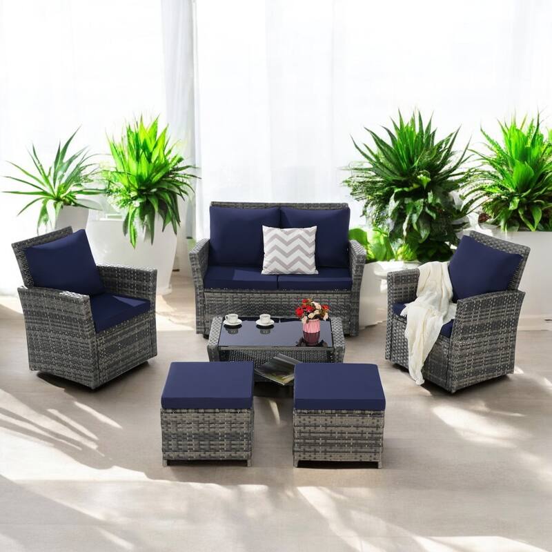 6-Piece Wicker Patio Furniture Set with Cushions & Coffee Table & Ottomans, Sofa for Outdoor Garden, Patio, or Balcony - Dark Blue
