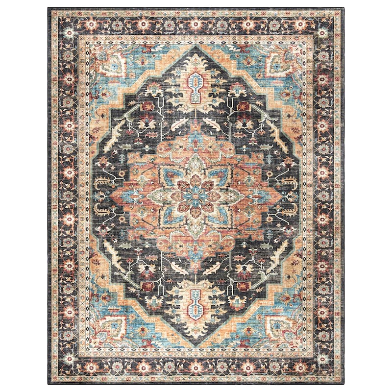 Gertmenian Crystal Print Washable Digital Printed Flat Pile Polyester Slip Resistant Area Rug Collection - 5' x 7' - Soha Black