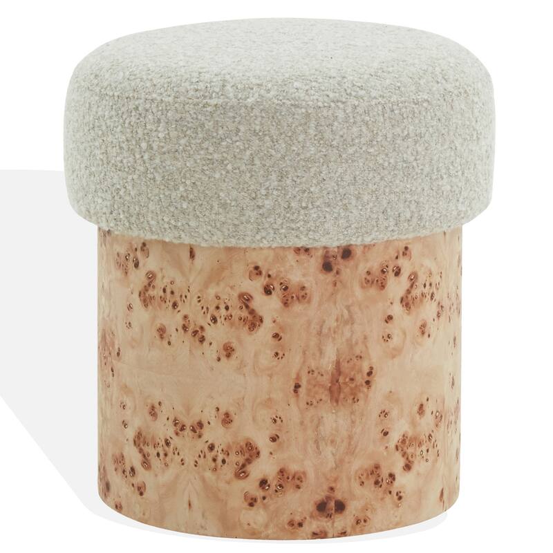 SAFAVIEH Couture Tobianna Round Boucle and Burl Ottoman - Cream/Burl
