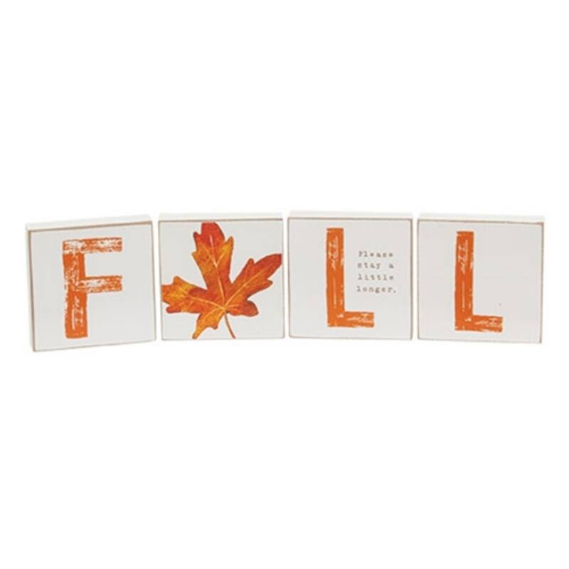 Set of 4 White Orange Wooden Fall Blocks with Leaf Accent “Stay a Little Longer” Decor 2x2 in - 2 x 0.50 x 2 in. - White-Orange