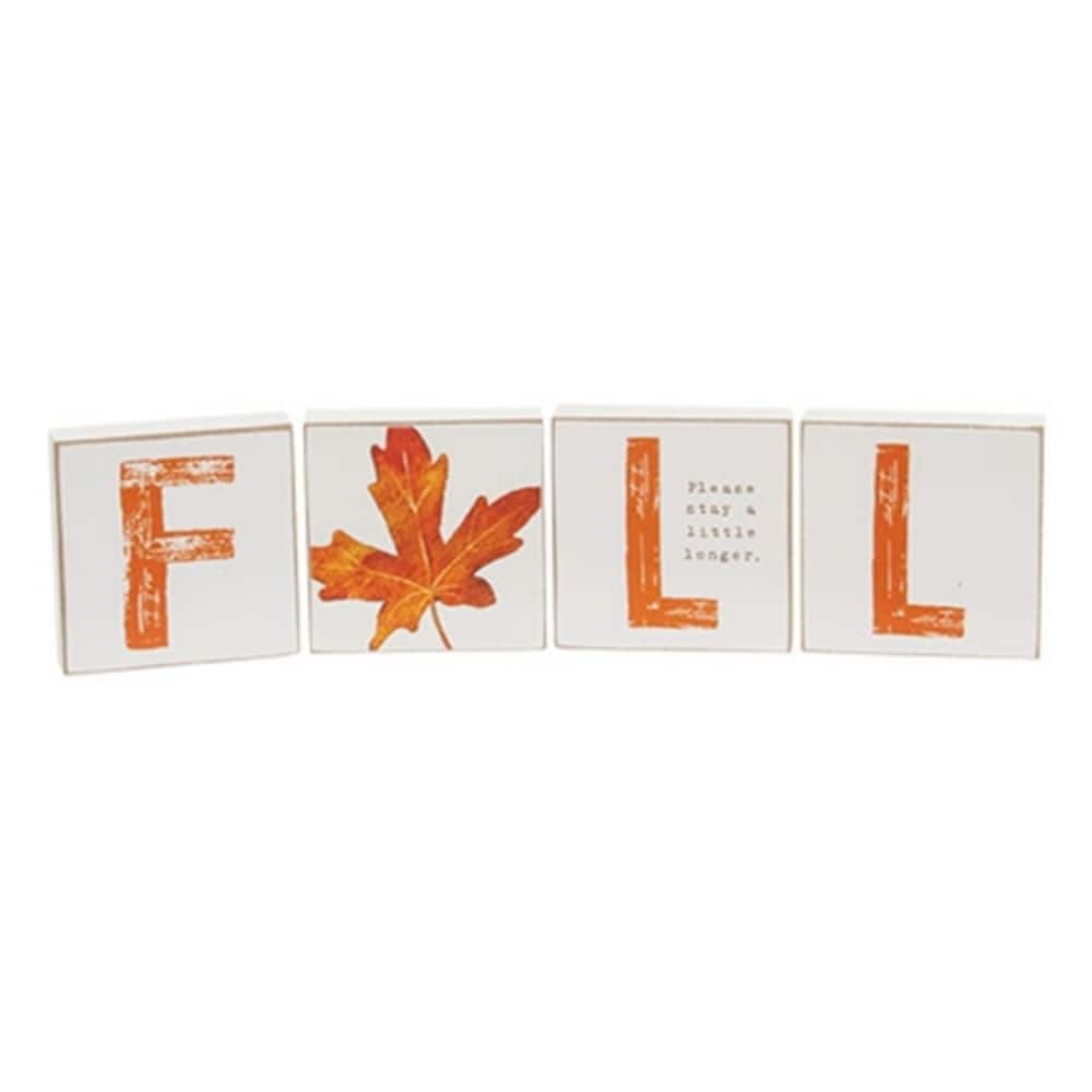 Set of 4 White Orange Wooden Fall Blocks with Leaf Accent “Stay a Little Longer” Decor 2x2 in - 2 x 0.50 x 2 in.