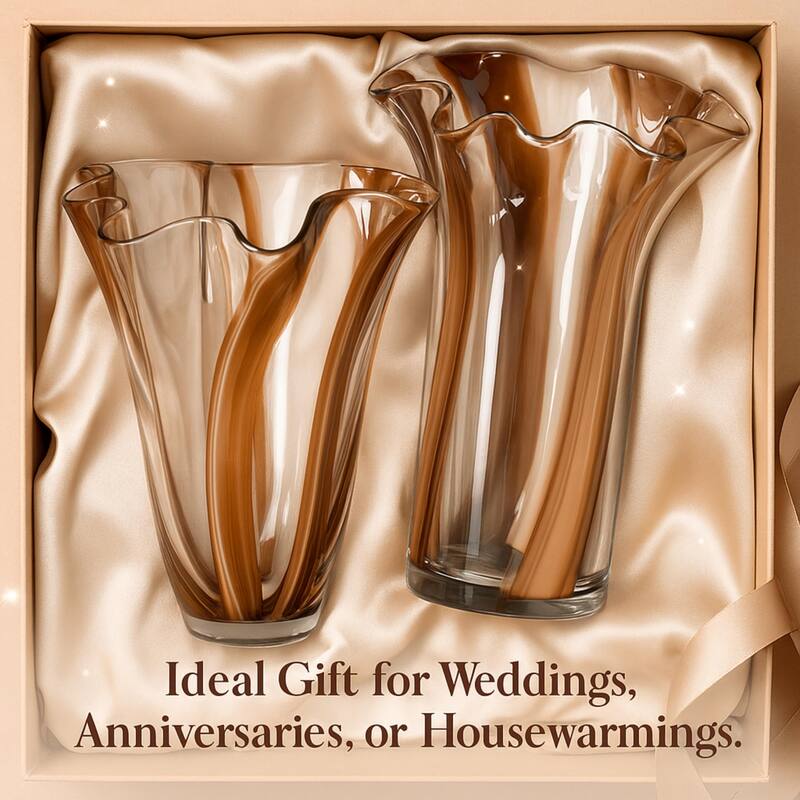 Set of Two Handblown Striped Chocolate Brown Vases