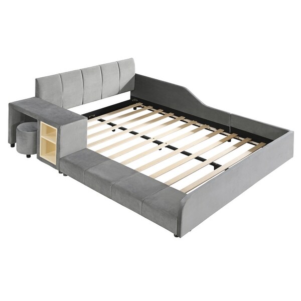 BADEL フード付きset upグレー Full Size Velvet Upholstered Platform Bed w/ Bedside Desk & Stool