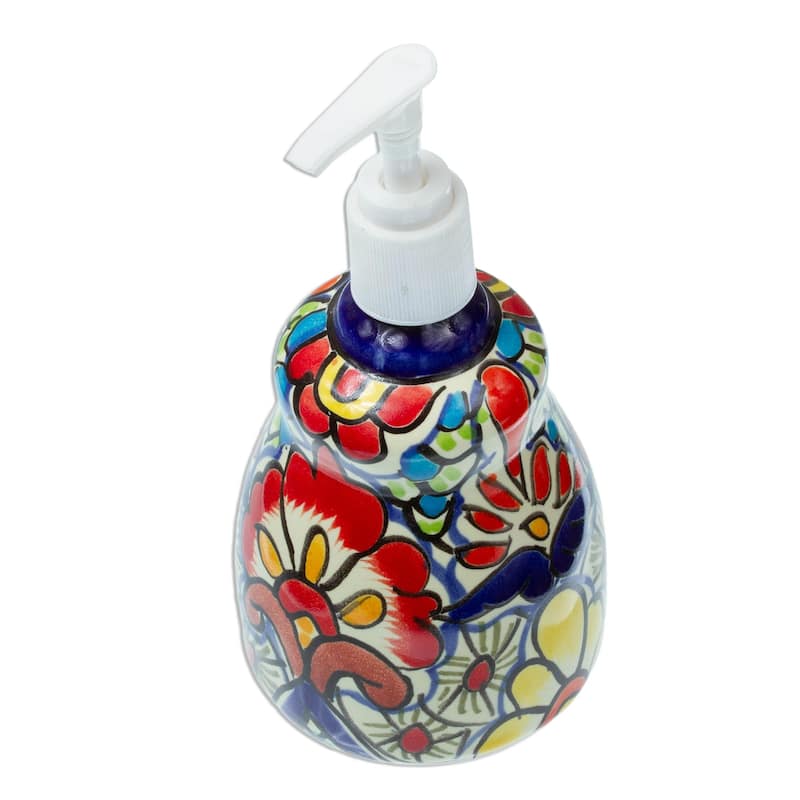 Novica Handmade Talavera Flowers Ceramic Soap Dispenser - Multi