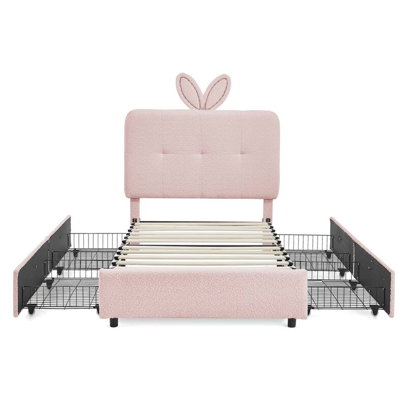 Kids Boucle Upholstered Bed with Rabbit Ear Headboard, LED Music Sync & 4 Drawers