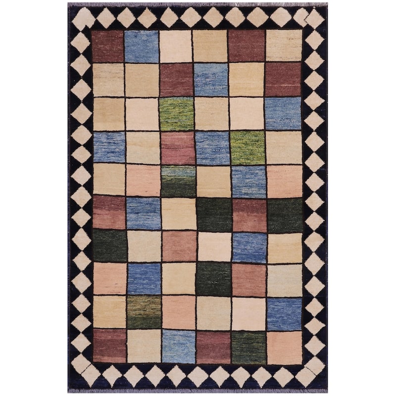 Chromatic Mosaic Gabbeh Hand Knotted Wool Rug - 4'0'' x 5'4'' - Beige/Black/Green/Brown