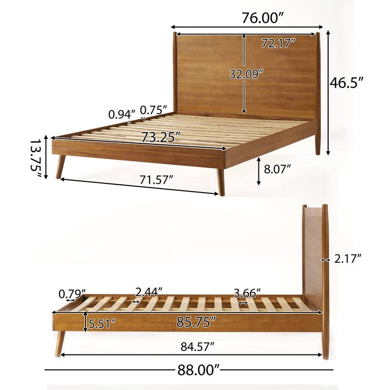 California King Size Natural Acacia Wood Platform Bed with Mid-Century Modern Design and 600lb Capacity