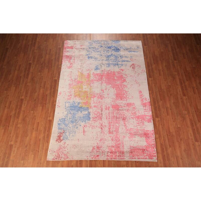 Contemporary Abstract Indian Area Rug Hand-Knotted Wool Carpet - 6'8" x 10'0"