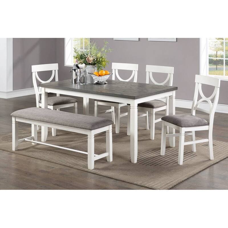6 Piece Wood Dining Table Set, Kitchen Dining Room Table Set with Rectangle Table, 4 Upholstered Chairs and Bench