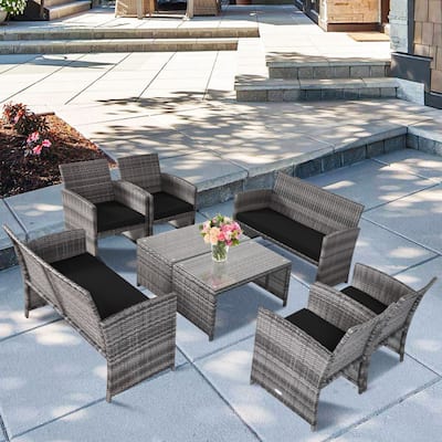 Gymax 8PCS Patio Outdoor Rattan Conversation Furniture Set w/ Black