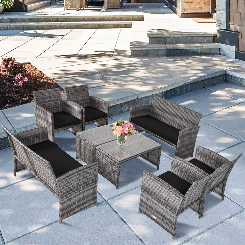 Gymax 8PCS Patio Outdoor Rattan Conversation Furniture Set w/ Black