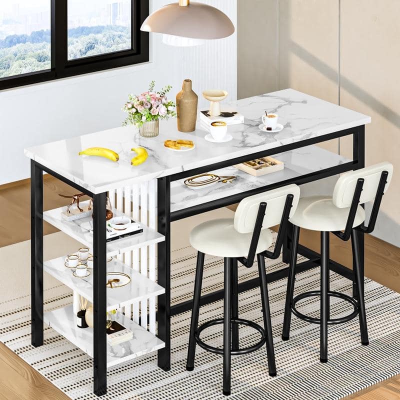3-Piece Dining Room Table Set with 2 Upholstered Bar Stools, Modern Farmhouse Bar Table Set for 2 with Multiple Tier Shelves