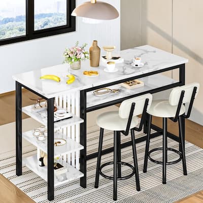 3-Piece Dining Room Table Set with 2 Upholstered Bar Stools, Modern Farmhouse Bar Table Set for 2 with Multiple Tier Shelves