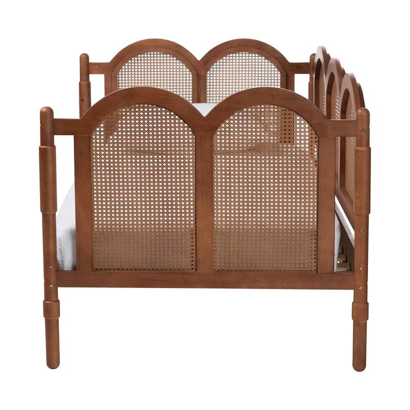 Carmiya Scalloped Daybed - Twin Size Wood Frame with Rattan Panels, Arched Boho Coastal Style Bed for Living Room or Bedroom